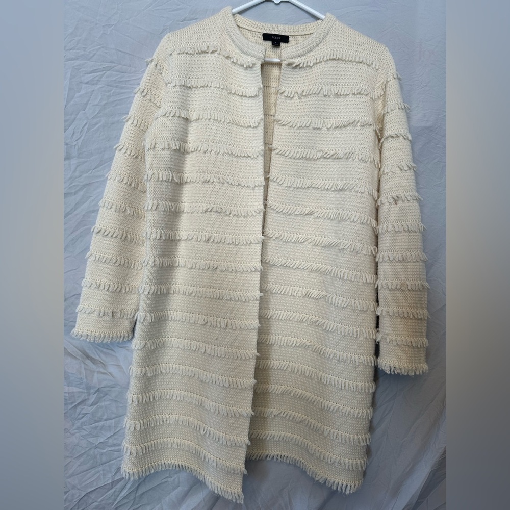 J Crew cream Juliette collarless fringe wool sweater